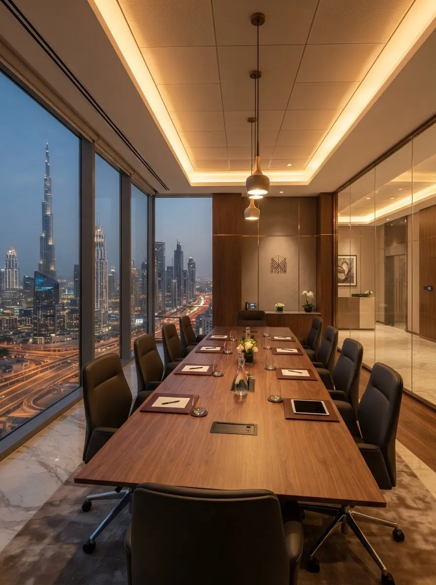 Office boardroom overlooking the Dubai skyline