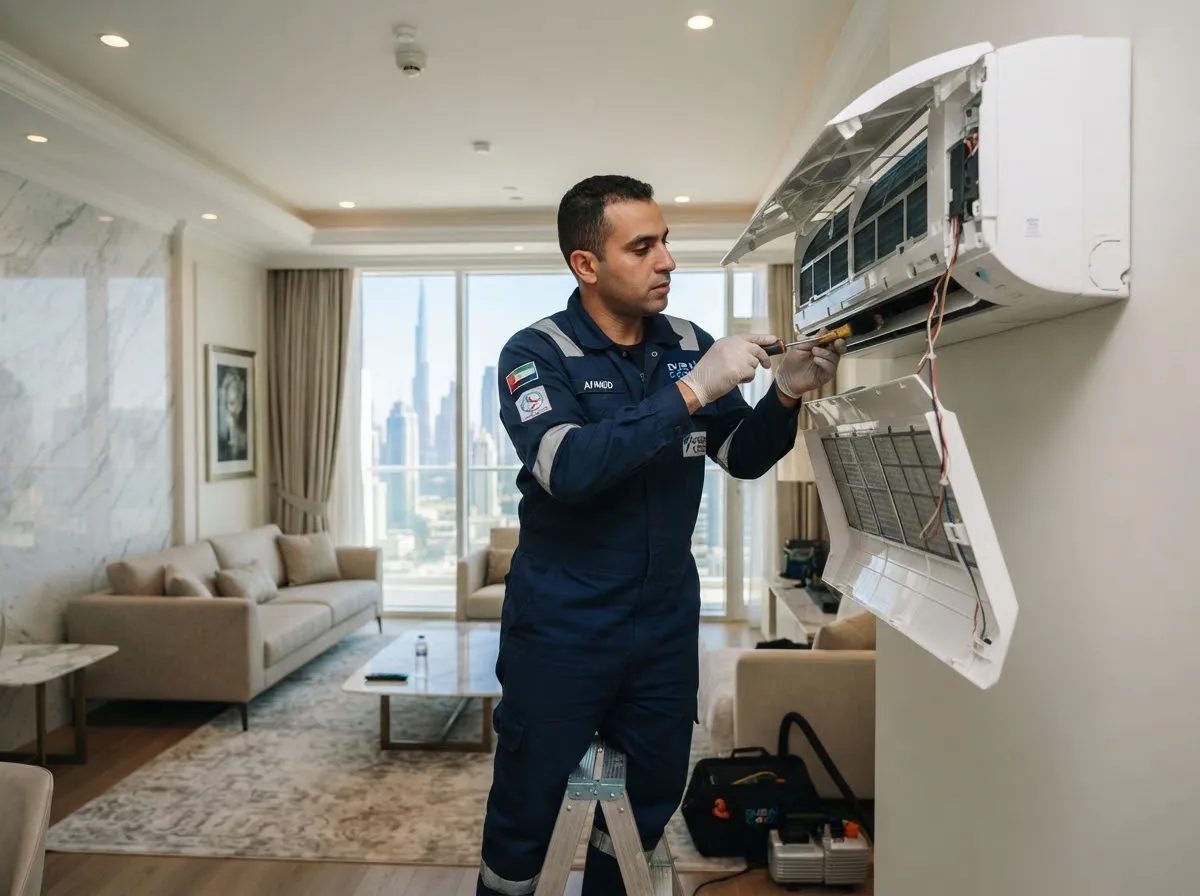 Technician servicing a wall-mounted split air conditioner in a Dubai apartment