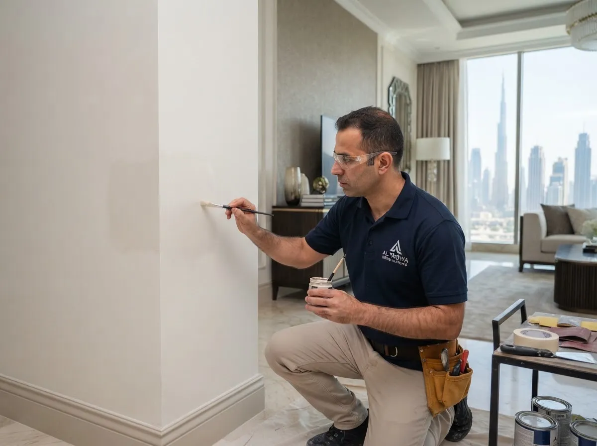Technician touching up a wall finish in a bright apartment