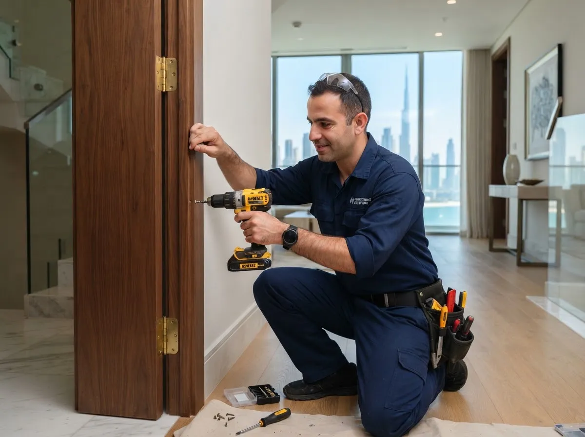 Handyman adjusting a door hinge with a cordless drill